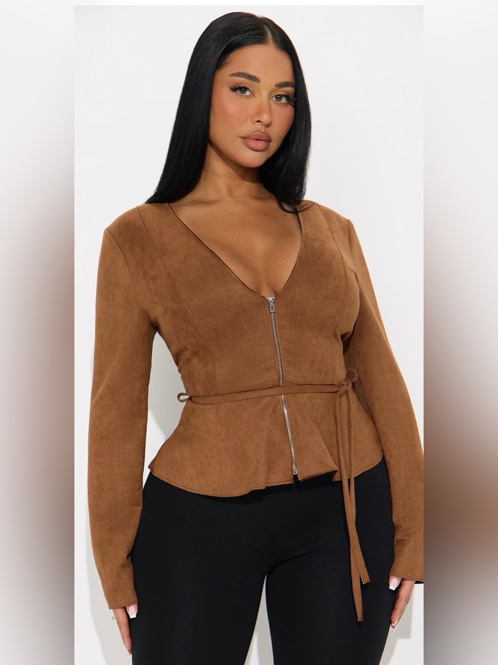 Beautiful Faux Brown Suede Zip Front Top!